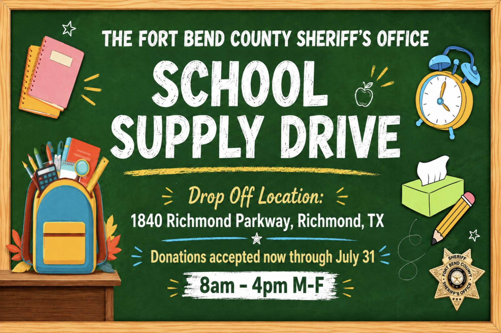Seven Meadows Residents Can Help Fort Bend County Students Through Sheriff’s Office School Supply Drive