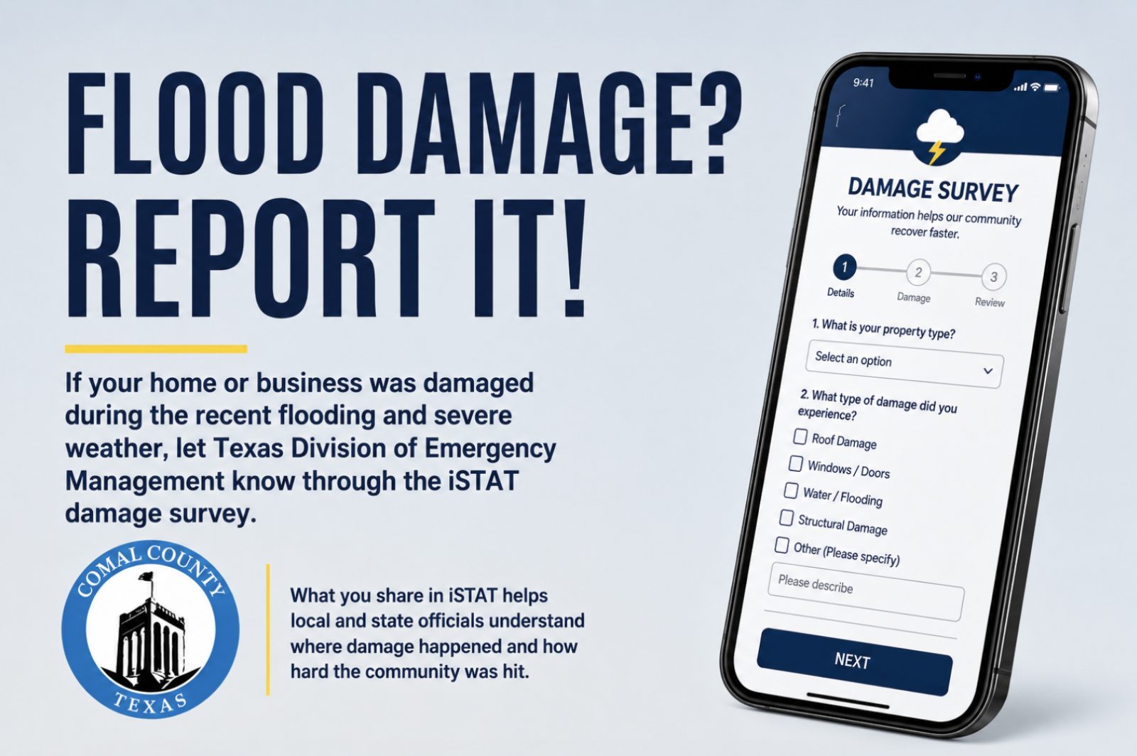 Comal County Urges Residents to Report Flood Damage Through Texas iSTAT Survey