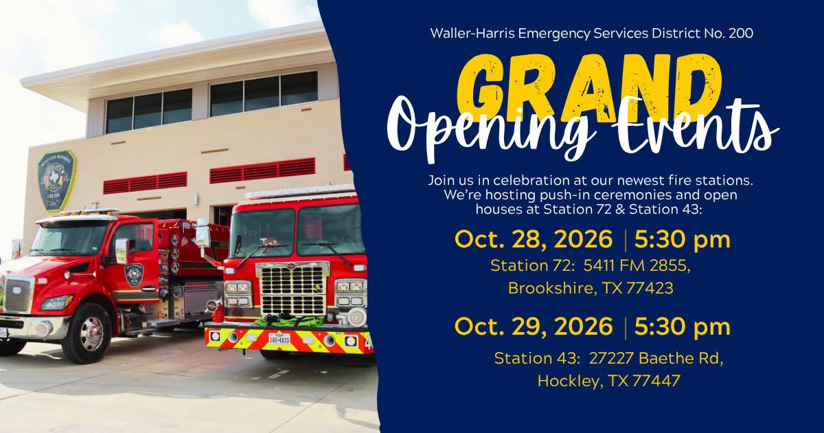 Waller-Harris ESD 200 to Celebrate Grand Openings of Two Fire Stations in Brookshire and Hockley October 28 and 29