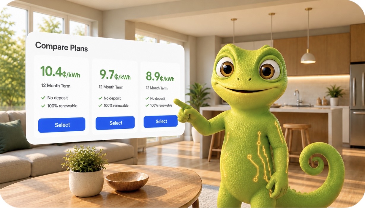 Illustration of a green lizard beside electricity plan comparison options
